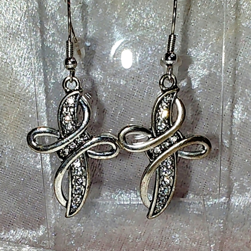 Elegant Silver Tone And Rhinestone Cross Earrings